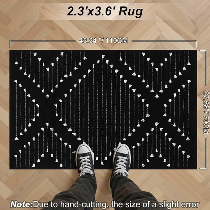 LIVEBOX Black Outdoor Entryway Rug, Washable Boho Porch Rug Cotton Front Door Mat, Moroccan Woven Area Rugs Throw Carpet for Layered Front Door (2.3' x 3.6')