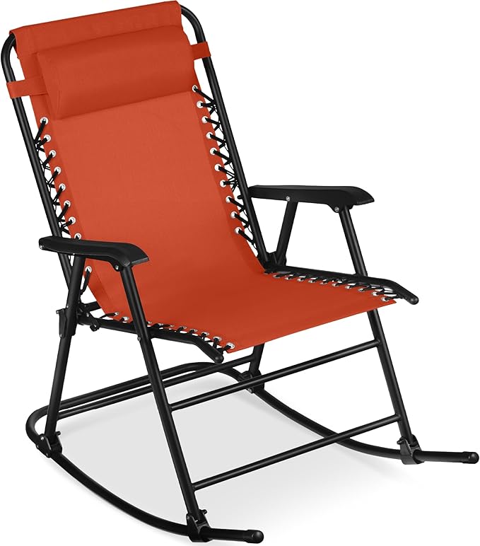 Best Choice Products Outdoor Folding Rocking Chair, Zero Gravity Lounge Chair, Patio Rocker w/Headrest Pillow - Burnt Orange
