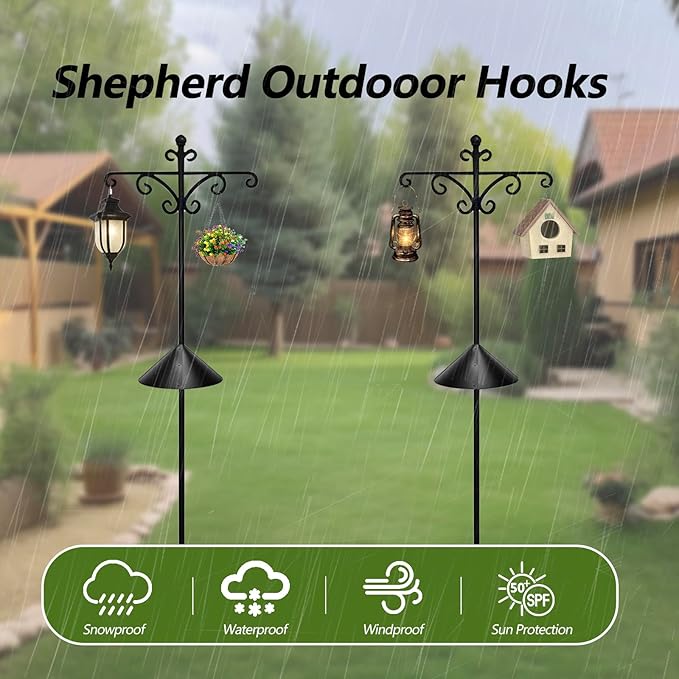 92Inch Shepherds Hooks for Outdoor with Squirrel Baffles – 6 Adjustable Hooks, 5 Prongs Base – Tall Bird Feeder Pole & Garden Stand for Hanging Plants, Lanterns, Hummingbird Feeders