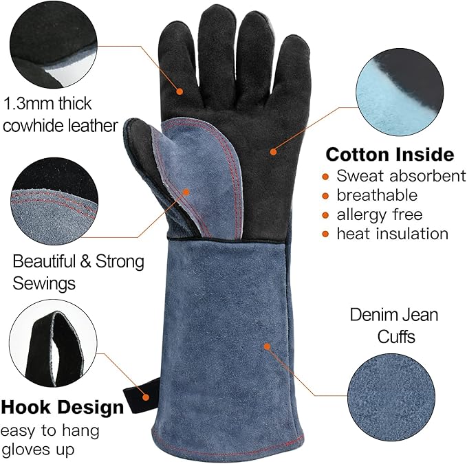 HITBOX Extreme Heat & Fire Resistant Gloves with Kevlar Stitching 16 ‘’ 932℉ Leather Fire Gloves for Arc Tig Mig Wood Stove Oven BBQ Grill Pot Holder Barking Animal Handling – Free Size for Men Women