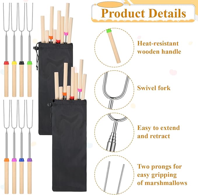 32 Pack Marshmallow Roasting Sticks Bulk 32 Inch Smores Kit for Fire Pit Extendable Metal Barbecue Skewers Hot Dog Fork for Marshmallow, Hot Dogs, Camping, BBQ, Grill