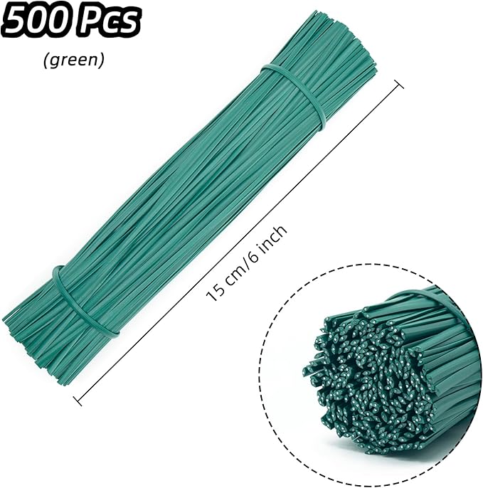 Green Plastic Twist Ties Bulk, 6 Inch Reusable Twist Ties Garden Ties for Plants, 500 Pcs Metallic Twist Ties for Bread Bags, Vines and Wrapping Cords, Christmas Decor