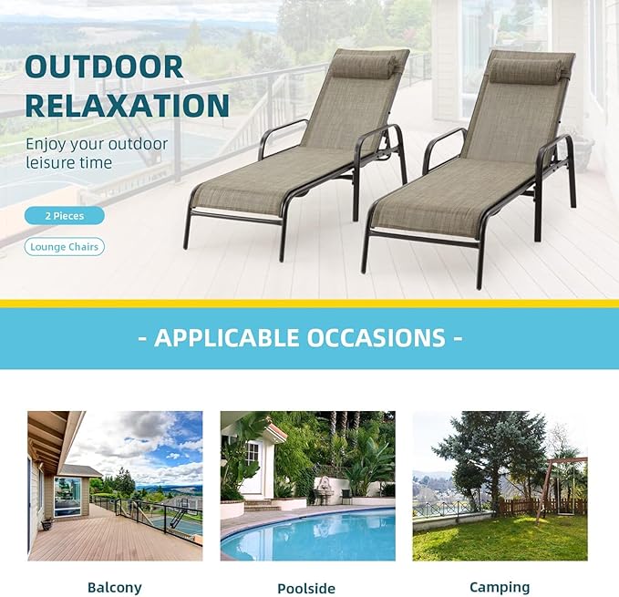 EROMMY Patio Lounge Chairs Set of 2, All-Weather Waterproof Upgraded Outdoor Pool Chaise Lounge Chairs with Adjustable Backrest for Beach Yard Poolside
