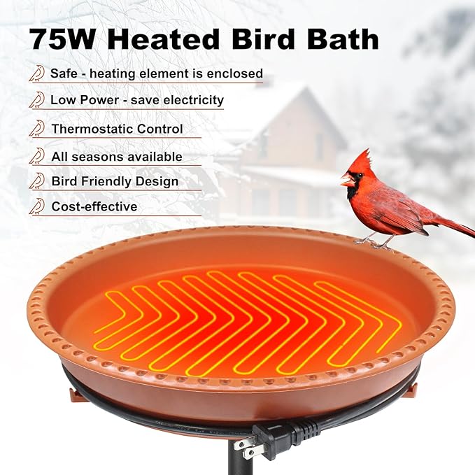 BIRD WISH Heated Bird Bath, Stable 5-Prong Metal Base Thermostat Control Weather Resistance All Seasons Available 75W Heated Bird Baths for Outdoors for Winter Garden Yard Patio Lawn, Terracotta
