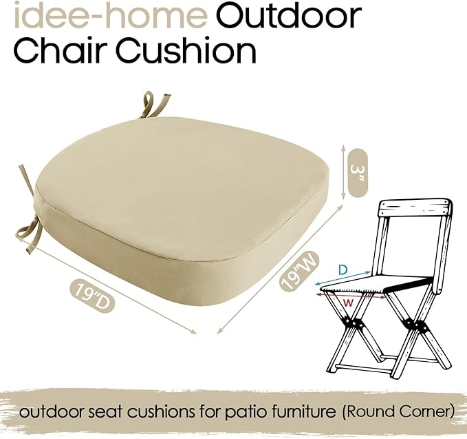 idee-home Outdoor Chair Cushions Set of 4, Thick 19" x 19" x 3" Outdoor Seat Cushions Patio Furniture Waterproof with Ties, Dining Pads