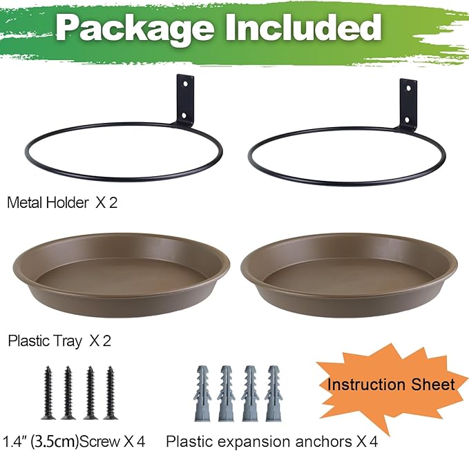 2 Pack Fence Bird Feeder Bath Tray for Outside, 8.4'' Plastic Wild Bird Bath Bowl with Metal Holder for Wood Post, Heavy Duty Wall Tree mounted Pet Squirrel Water Feeder Station Outdoor Garden