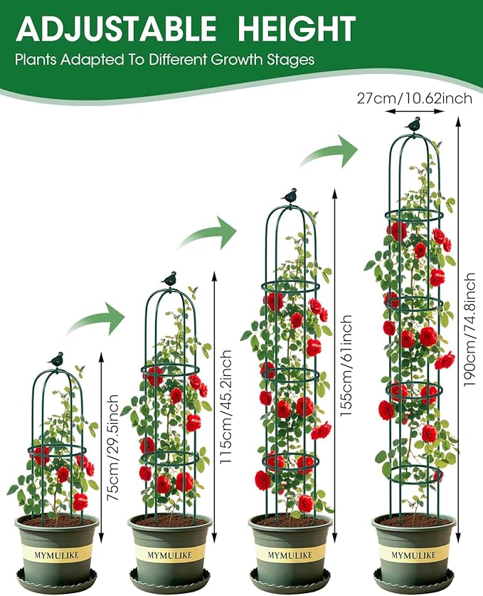 Garden Trellis for Climbing Plants, Rustproof Metal Pipe with Heavy Duty Plastic Coated, Garden Outdoor Indoor Potted Plant Support, Obelisk Garden Trellis for Climbing Vine