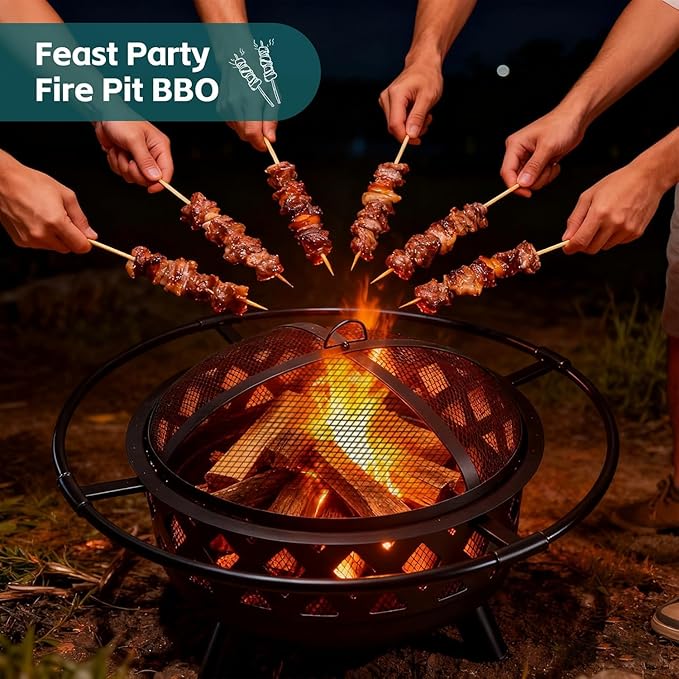 OLIXIS 36 Inch Wood Burning Fire Pit, Round Fire Pits for Outside with Spark Cover Fire Poker, Outdoor Firepit for Patio, Backyard, Garden, Bonfire Party, Black