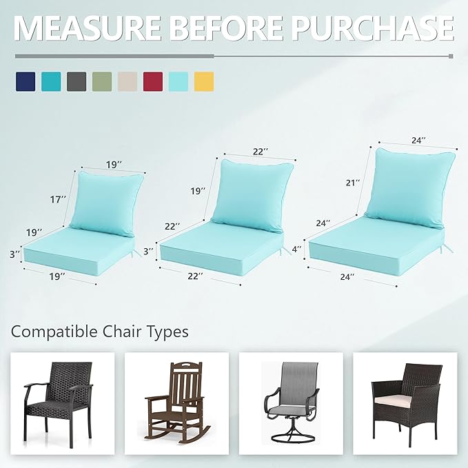 22x22 Inch Patio Chair Cushions Set of 2, Outdoor Furniture Cushions - Removable Cover, Water-Repellent, Fade-Resistant, Non-Slip Bottom & Straps, Replacement for Lawn, Porch & Deck Chair - Light Blue