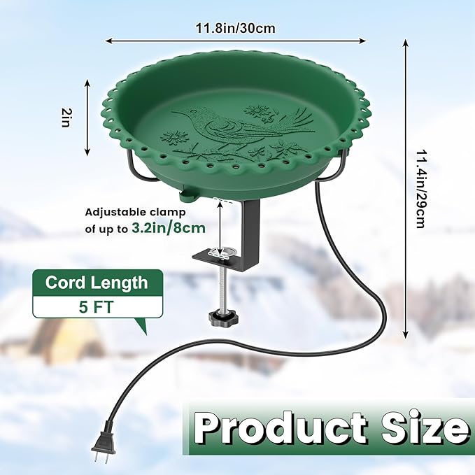 Heated Bird Bath for Outdoors, Upgraded 100W Thermostatically Controlled Heated Bird Baths for Deck Railing Large Capacity Heated Birdbath for Outside Winter Garden Yard Patio Lawn (Green)