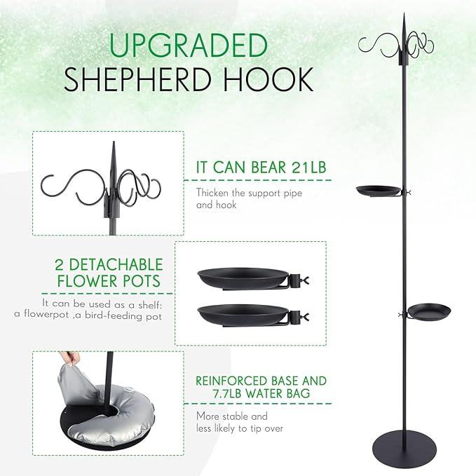 1 Set 75.9" Shepherd's Hook Stand for Bird Feeder, Hanging Plant, Wind Chime, Waterproof Metal & Adjustable Standing Pole Holder for Indoor Outdoor, with 2 Rack & Weight Bag (3 Hooks)