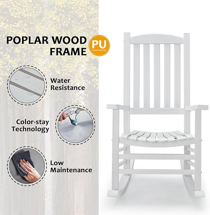 Wooden Rocking Chair Outdoor Oversized Porch Rocker Chair,Patio Wooden Rocker with High Back and Armrest,All Weather Rocker Slatted for Backyard,Garden,400 lbs Support,White