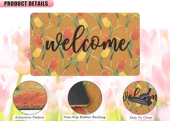 Tulip-Welcome-Doormat for Indoor Outdoor Entrance Floral-Spring-Door-Mat Non Slip Coir Seasonal Doormat for Spring Easter Home Decor 17 x 29 Inches