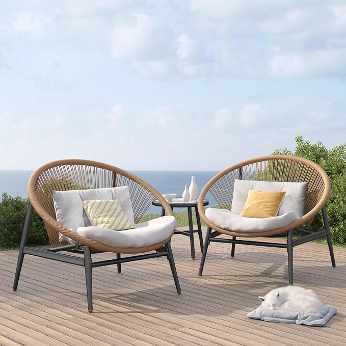 Grand patio 3-Piece Outdoor Furniture Set, Wicker Oversized Patio Chairs with Side Table & Thick 4.75" Cushions for Backyard, Garden, Deck