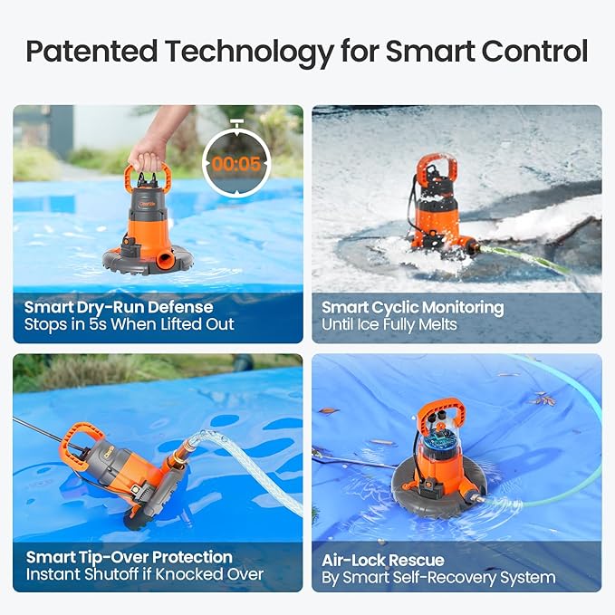 Cleartide Smart Automatic Pool Cover Pump, 1/4 HP 2160 GPH with Auto On/Off & Freeze Protection, Pump for Inground/Above Ground Winter Pool Covers, Dual Mode, 25ft Cord, 120V AC