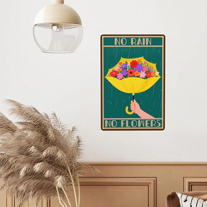 No Rain No Flowers Umbrella Man Cave Vintage Metal Tin Sign Retro Rustproof Funny Art Wall Decor Gift 8x12 Inch