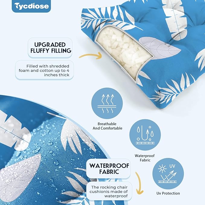All Weather 3 Piece Wicker Furniture Chair Cushions, Waterproof Outdoor Wicker Chair Cushion for Patio Furniture Loveseat Settee Bench, 1 Loveseat and 2 U-Shaped Thickened Cushions, Blue Leaf