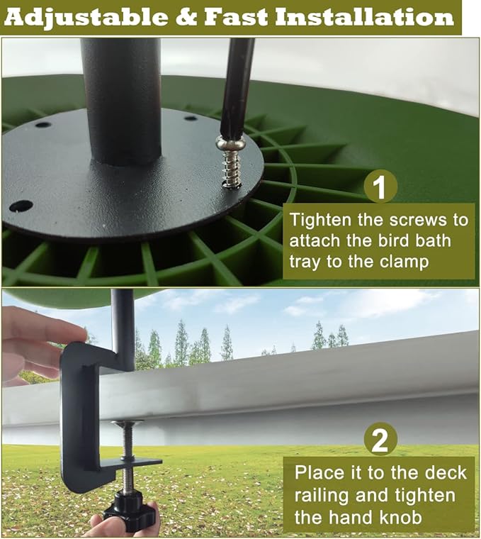 Garbuildman Deck Mounted Bird Bath Bowl Spa Birdfeeder & Adjustable Unheated Birdbath with Heavy Duty Clamp for Outdoor Garden, Oval Style, Green