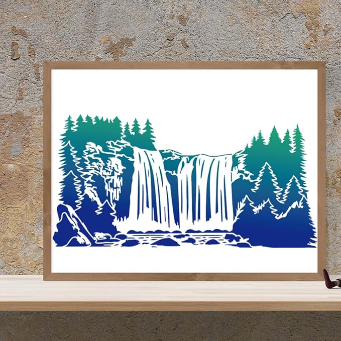 MAYJOYDIY 2pcs Waterfall Scenery Stencil Splicing Patterns 22×11inch Large Forest Mountain Landscape Stencil with Paint Brush Natural Scenery 11.8×11.8inch Drawing Template for Wood Walls Canvas
