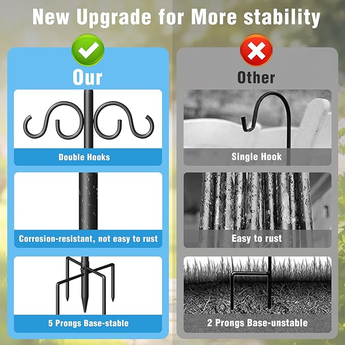 Double Shepherds Hooks for Outdoor, 76 Inch Heavy Duty Bird Feeder Pole with 5 Prongs Base, Adjustable Shepherds Hook for Bird Feeder, Garden, Weddings, Hanging Plant, 1 Pack