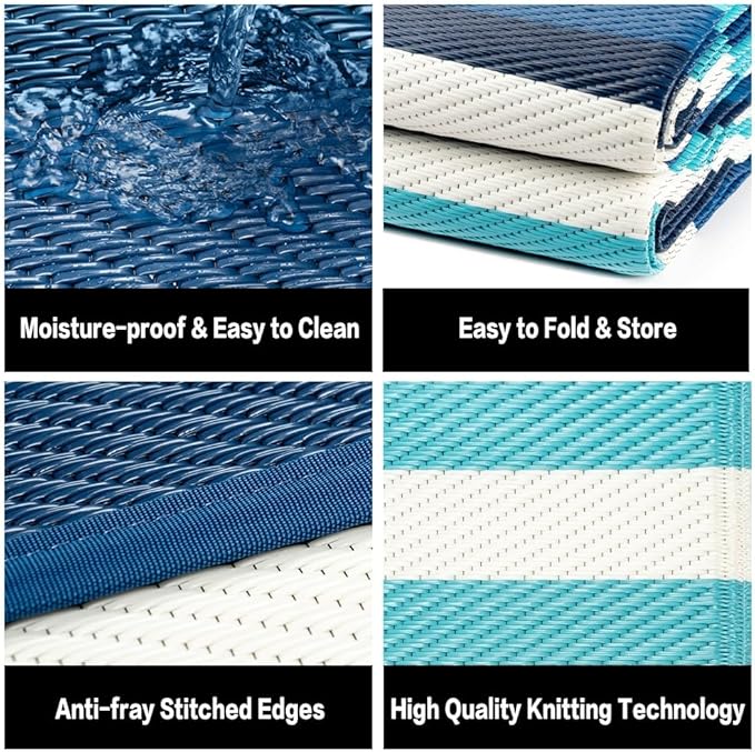 HUGEAR Outdoor Waterproof Rug 6'x9' Plastic Straw Rugs Washable Reversible Floor Mat Blue Stripe Carpet for Camping RV Deck Entryance Porch Picnic Balcony Beach Backyard