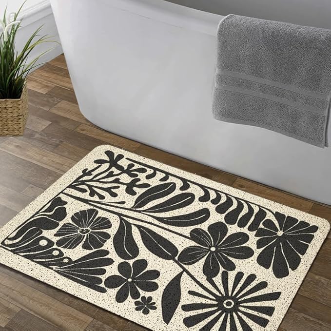 Boho Beige and Black Floral Door Mat - Bohemian Neutral Floral Front Door Welcome Mats Outdoor Entrance, 17x30 Rug