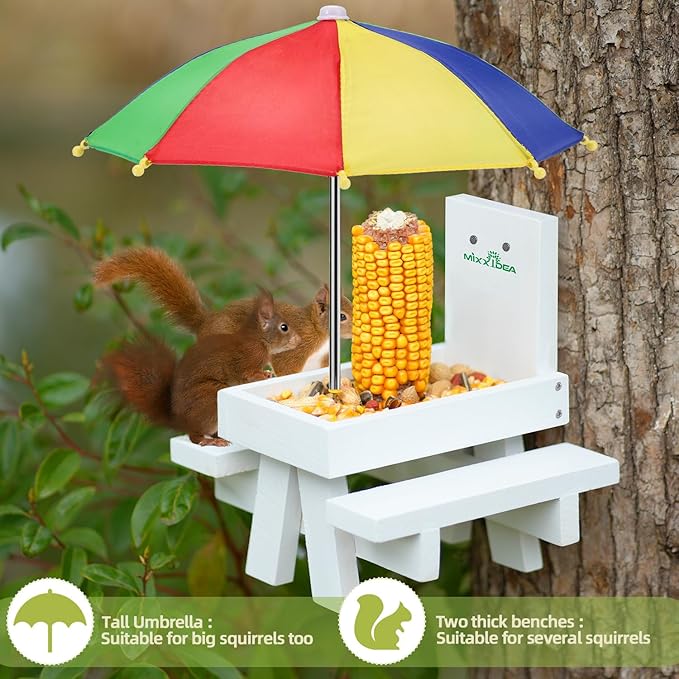 MIXXIDEA Squirrel Feeder Table with Umbrella, Wooden Squirrel Picnic Table Feeder, Sturdy Squirrel Feeder Corn Cob Holder, with Solid Structure and 2 x Thick Benches(Colorful)