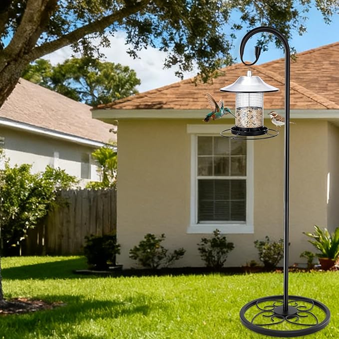 63" Adjustable Shepherd Hook Stand with Round Base Stand for Wind Chime, Bird Feeder, Lantern for Indoor & Outdoor Garden Patio Home Decor.