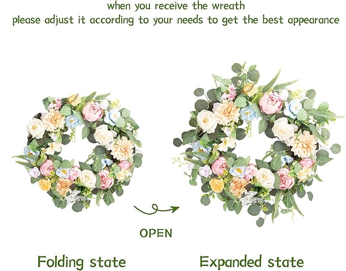 Honnesserry Spring Wreath for Front Door, Large Door Wreath for Home Decoration, 24IN Farmhouse Summer Eucalyptus Wreaths for Decor