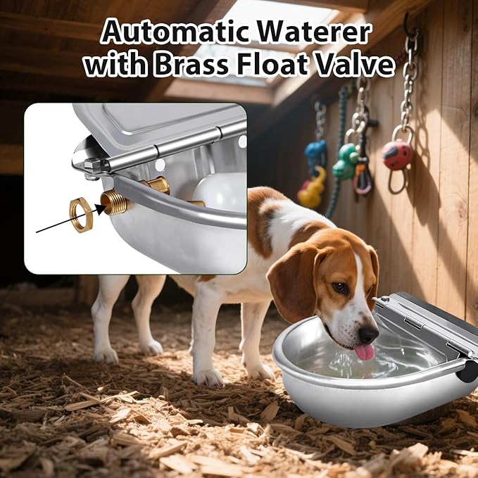 Automatic Water Dispenser for Dog,Stainless Steel Outdoor Dog Water Bowl Dispenser,Auto Refill Water Feeder for Chicken Horse Goat Livestock,Pipe and Brass Valve,1/2" to 3/4" GHT Adapter