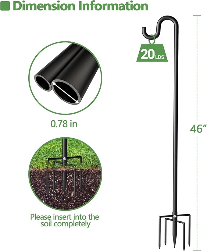46" Shepherds Hooks for Outdoor, Extra Thick Bird Feeder Pole with 5 Prong Base, Adjustable Shepards Hook for Garden, Weddings, Hanging Plant