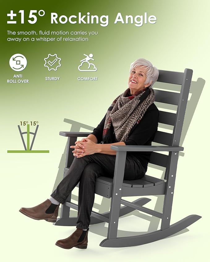 GREENVINES Outdoor-Rocking-Chairs-Set-of-2 | HDPE Plastic | Patio Rockers | Porch Rocker Chair | Shaker | Oversized | High Ladder Back | Big & Tall | PentaLuxe | Grey