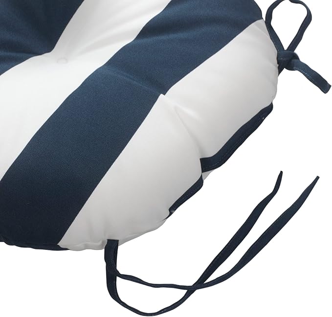 Magpie Fabrics Outdoor Round Bistro Seat Cushions with Ties, 15"x15"x4" Set of 2, Tufted Waterproof Barstool Chair Pads for Patio Home Garden Office, Navy White