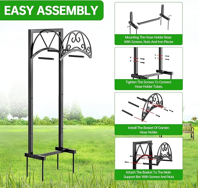 GREENER Garden Hose Holder GREENER Detachable Water Hose Holder Freestanding Heavy Duty Metal Hose Hanger Holds 150-feet Hose,Outdoor Hose Holder Storage For Outside Yard Lawn,Black