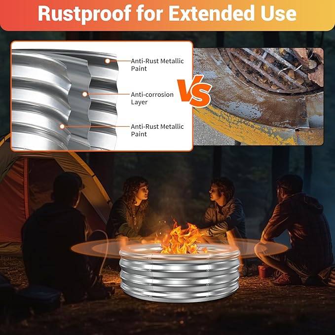 36 Inch Fire Pit Ring for Outside, Heavy Duty Wood Burning Firepit & Outdoor Fireplace,DIY In Ground or Above Ground,Portable Galvanized Steel Fire Pits Bowl for Backyard Bonfire,Patio,Camping,Round