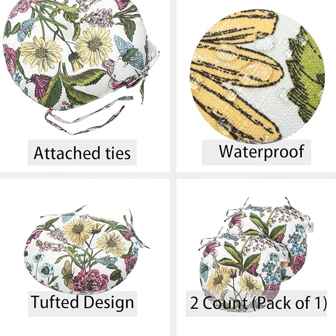 Bistro Chair Cushions 15 inch,Set of 2,Tufted Round Chair Cushions with Ties,15"x15"x4",Water Resistant Round Seat Cushion for Barstool Chairs,Patio Garden Kitchen Outdoor Furniture(Butterfly Flower)