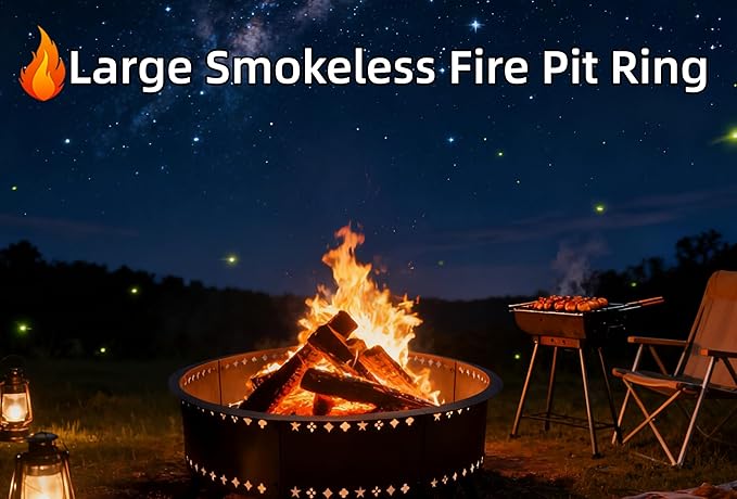DFLU Smokeless Fire Pit Ring 48 inch Inner, 52 inch Outer Large Firepit Ring Insert Metal Steel Round Firepit Ring for Outside Wood Burning DIY Fire Pits Outdoor Fire Place for Camping Patio Backyard