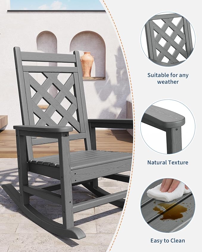 GarveeLife Outdoor Rocking Chair Set of 2 with Side Table, HDPE Weather Resistant Patio Rocking Chair Porch Rocker with Wood Texture & 380 LBS Support for Deck, Pool, Backyard, Gray