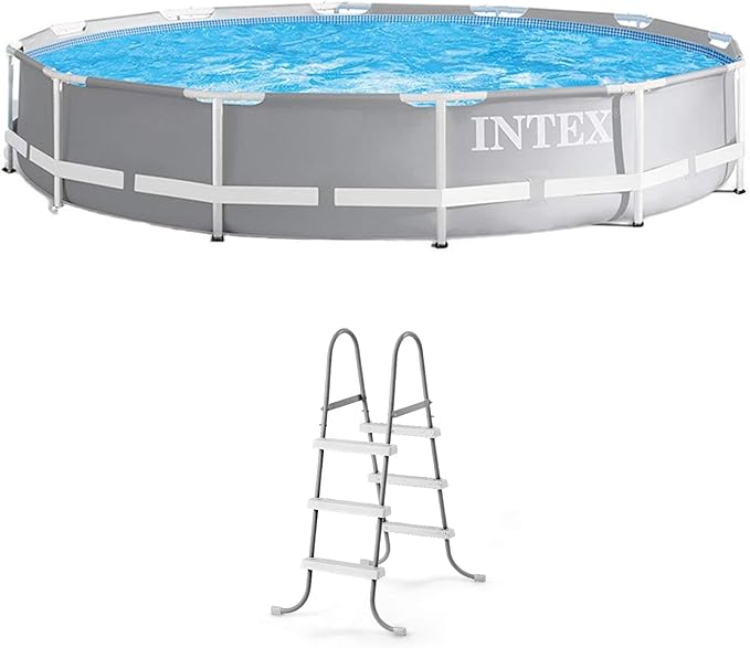 Intex Prism Frame 12 Foot x 30 Inch Round Above Ground Outdoor Swimming Pool Set for Backyards with 530 GPH Filter Pump and Steel Frame Pool Ladder