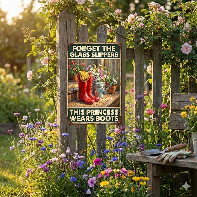 Country Girl Tin Sign - "This Princess Wears Boots" Inspirational Garden Decor - Metal Sign Vintage Red Rain Boots & Flowers Farmhouse Wall Art - 8x12 Aluminum Plaque for Shed, Porch, Yard