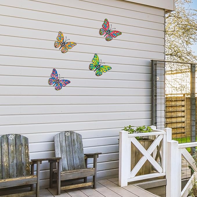 4 Pack Outdoor Butterfly Wall Decor - 9.6 inches Metal Butterfly Wall Art Decorartion for Yard Fence Garden Patio Balcony,Gift Idea for Family Friends(4 Pack)