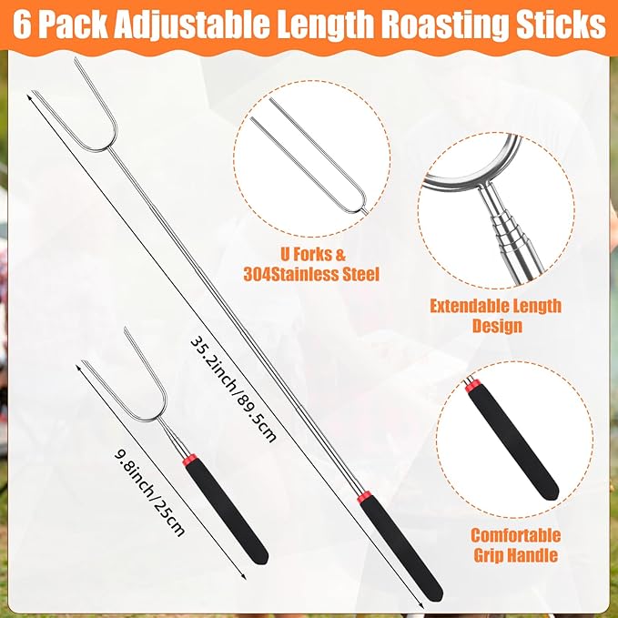 Patelai 8 Pcs Campfire Fire Pit Accessories Include 6 Pcs 25" Smores Sticks for Fire Pit 32" Campfire Poker 25" Fireplace Tong, Roasting Sticks Camping Gear Essentials Hot Dog Fork