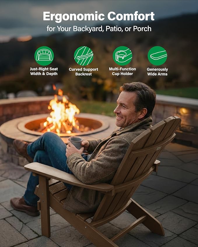 YEFU Adirondack Chairs Set of 6: Outdoor Chair HIPS Plastic Adirondack Chairs - Patio Chairs with Wood Texture - Lawn Fire Pit Deck Porch Garden Chairs for Adults (Teak)
