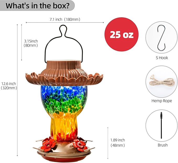 Solar Hummingbird Feeder for Outdoors Hanging Ant and Bee Proof, 25oz Color Changing Light Hand Blown Glass, Leakproof Garden Decor, Gitfs for Bird Lover (Rainbow)
