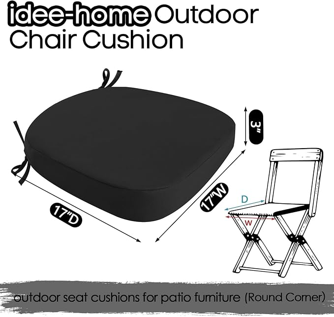 idee-home Outdoor Chair Cushions Set of 2, 17" x 17" x 3" Thick D-Shaped Patio Furniture Outdoor Seat Cushions Waterproof with Ties, Dining Pads