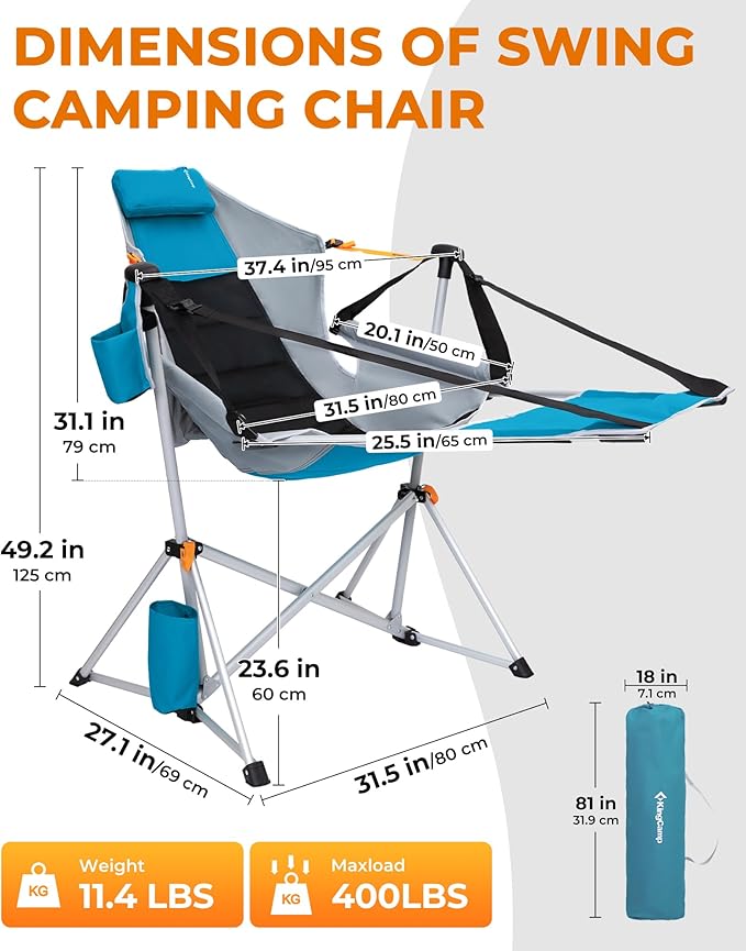 KingCamp Hammock Chair with Footrest, Swinging Portable Folding Camping Chairs for Adults MAX 400lbs Heavy Duty Foldable Oversized Rocker with Cup Holder Pillow for Outdoor Beach Patio Sport Lawn