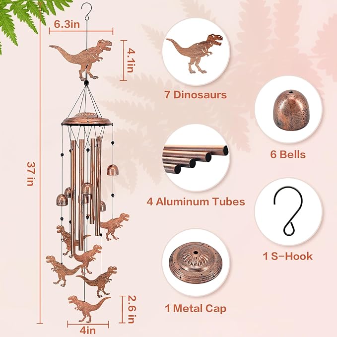 Dinosaur Wind Chimes for Outside,Dinosaur Gifts for Women/Men/Sympathy Gift/Memorial/Festival Birthday Gifts Metal windchimes Outdoors/Indoors,Patio,Garden Decor,Yard Decor,Home,Porch