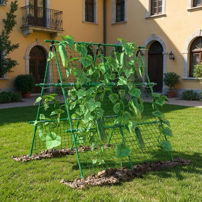 Cucumber Trellis, 4ft x 4ft Green Metal A-Frame Garden Trellis for Climbing Plants – Support for Cucumbers, Tomatoes, Peas, Beans, and Vines, Includes Netting, Fits Raised Beds