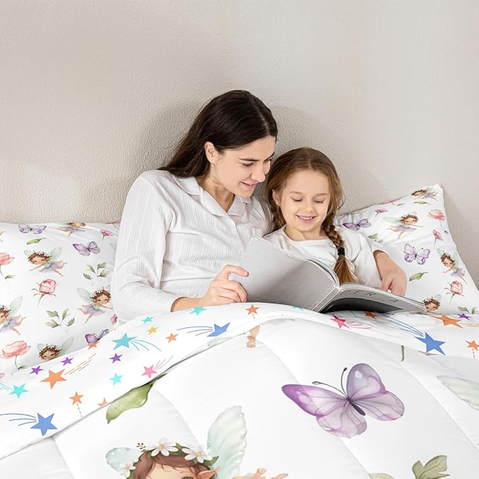 Erosebridal Girls Fairy Full Bedding Set - Purple Butterfly & Floral Comforter Set for Kids, Pink Flower Fairies Garden Quilt | Girly Princess Bedroom Decor with 2 Pillowcases