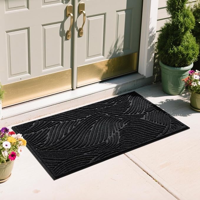Yimobra Doormat Indoor Outdoor Entrance, Simple Stripes, All-Weather Waterproof & Non-Slip Mat for Front Door, Heavy Duty Polyester Welcome Mat for Garage, Patio-47x24，Black